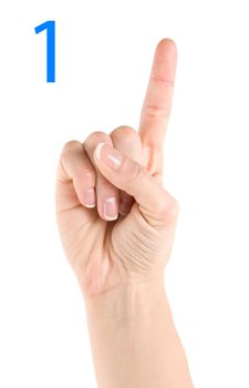 Hand showing number one isolated on a white background