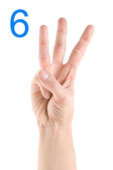 Hand showing number six isolated on a white background