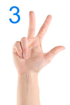 Hand showing number three isolated on a white background