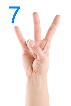 Hand showing number seven isolated on a white background