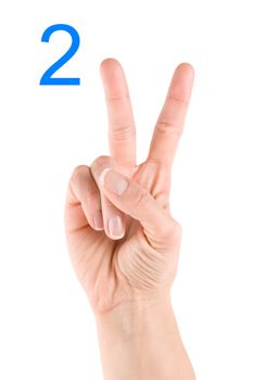 Hand showing number two isolated on a white background