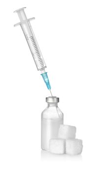 Insulin, sugar and syringe isolated on white background