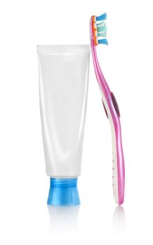 Toothpaste and toothbrush isolated on a white background