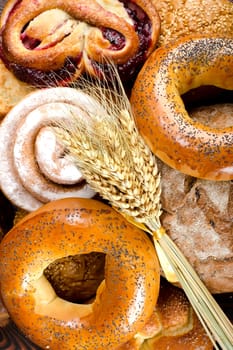 An assortment of bakery fresh breads. Sourdough, bun, challah, bagel.