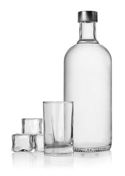 Bottle of vodka and ice cube isolated on a white background. Clipping Path