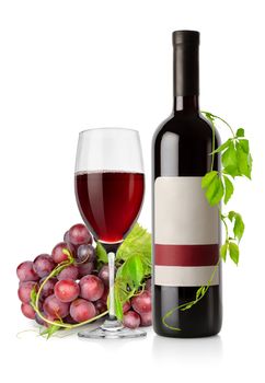 Bottle of red wine and grape isolated on a white background. 