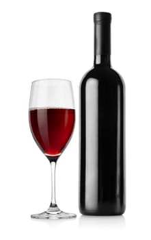 Bottle of red wine and wineglass isolated on a white background. 