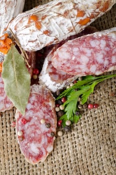Salami sausage and spices in the tissue