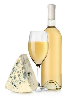 White wine and blue cheese isolated on a white background