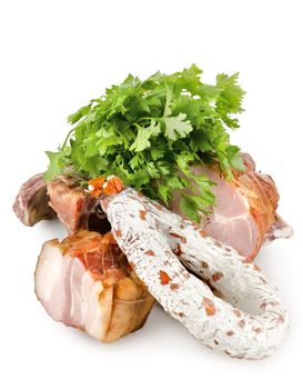 Cooked meat and sausages isolated on a white background