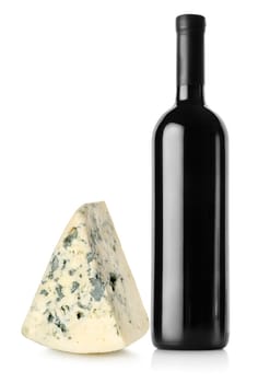 Bottle of red wine and blue cheese isolated on a white background