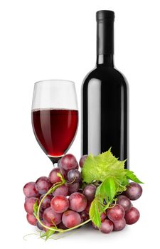 Bottle of red wine, wineglass and grapes isolated on a white background