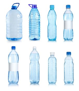 Collage of water bottles isolated on a white background