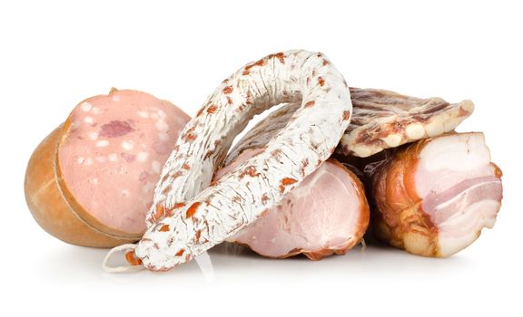 Cooked meat and sausages isolated on a white background