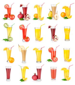 Collage of juices isolated on white background