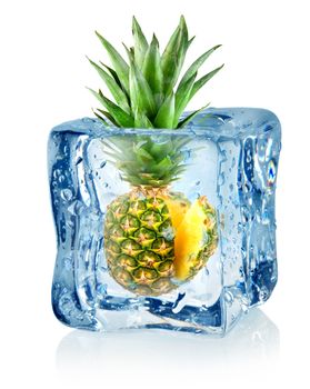 Ice cube and pineapple isolated on a white background