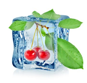 Ice cube and cherry isolated on a white background