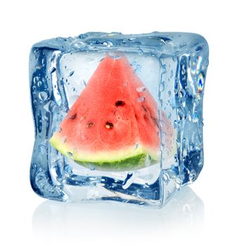 Ice cube and watermelon isolated on a white background