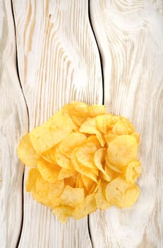 Potato chips on a white wooden table