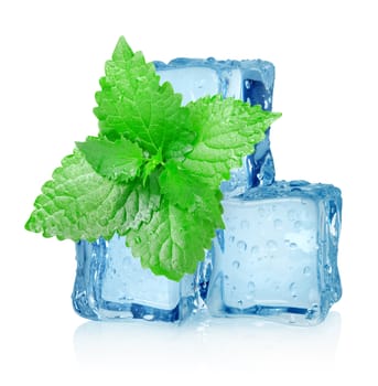 Three ice cubes and mint isolated on a white background