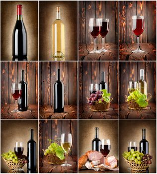 Wine collage on a wooden background and textile background