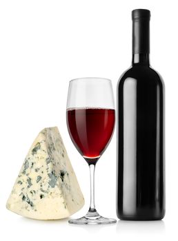 Wine bottle, wineglass and cheese isolated on a white background
