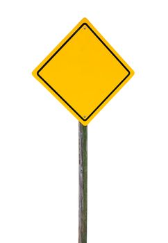 Blank yellow road sign on wooden post isolated.