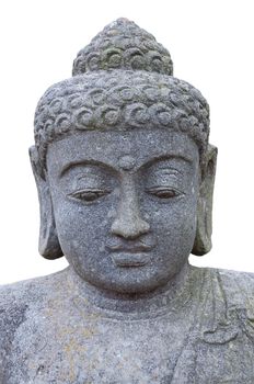 Stone head of Buddha close-up isolated on white background.