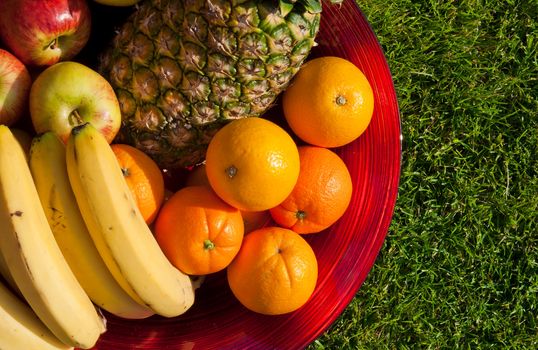 fruit bowl with apples, bananas, oranges and pineapple on the grass field