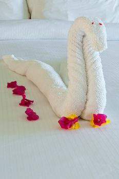 beautiful swan made from towels and bougainvillea flowers in the hotel bedroom (typical in The Caribbean resorts)