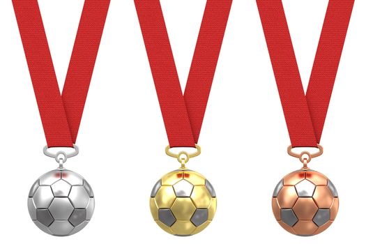 Gold, silver and bronze soccer ball with red ribbons on white background. High resolution 3D image