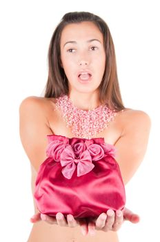 Shot of beautiful brunette woman with necklace and bag