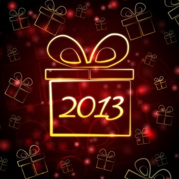 abstract red background card with golden presents boxes and figures makes year 2013