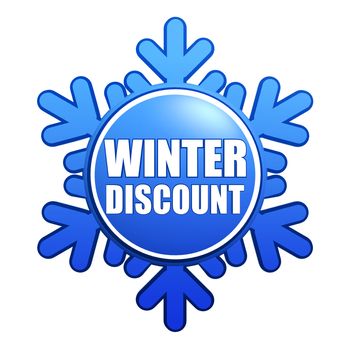 text winter discount - advertising label with snowflake like badge, business sale concept