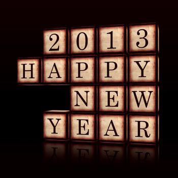 3d wooden cubes over black with figures makes text Happy New Year 2013, retro concept