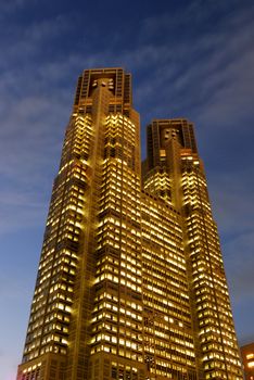 one of famous Tokyo's Landmarks -Metropolis Government Building N1 also called as Tokyo City Hall at twilight illumination