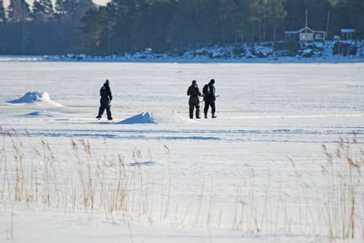 Two people skiing on the frozen over Lake in a snowy landscape