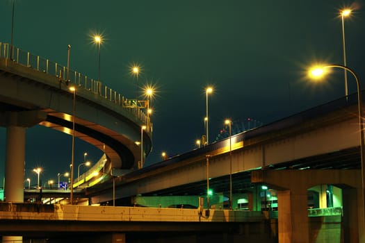 intensive structure of Tokyo highway junction at night time, Japan