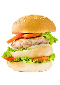 Gigantic hamburger on white background.