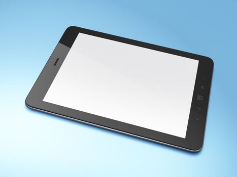 Beautiful black tablet pc on blue background, 3d render