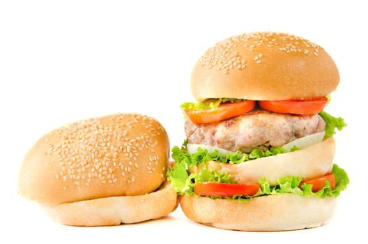 big  hamburger  and bun on white background.