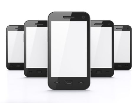 Black smart phones on white background, 3d render. Just place your images on the screens!