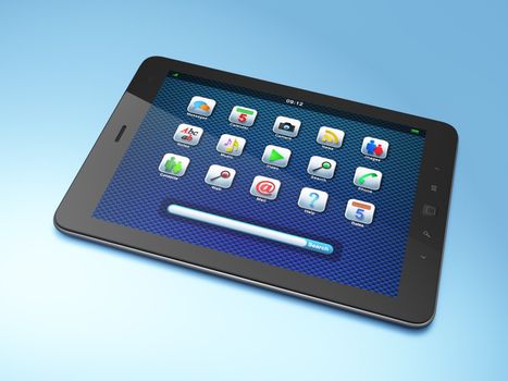 Beautiful black tablet pc on blue background, 3d render