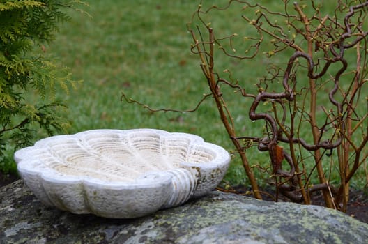 A bird bath in the garden