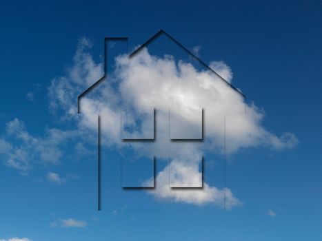 A house imprint on a cloudy blue sky