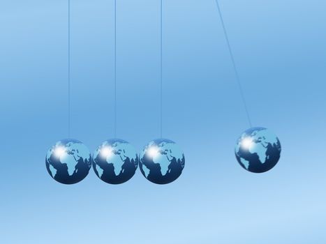 Newtons cradle using world globes on a plain background