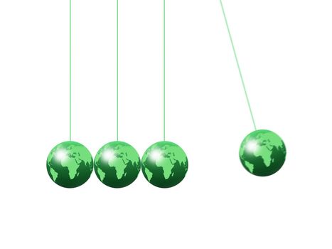 Newtons cradle using world globes on a plain background