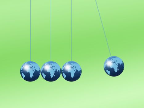 Newtons cradle using world globes on a plain background