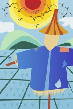 Vector illustration of giant scarecrows standing in the field