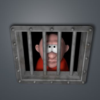 cartoon guy behind riveted steel prison window - 3d illustration